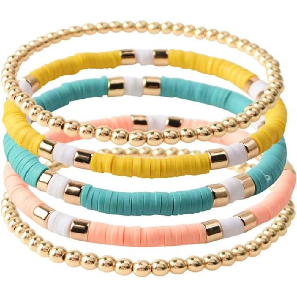 Surfer Heishi Clay Bead Bracelets for Women Bohemian Stackable Gold Multicolor